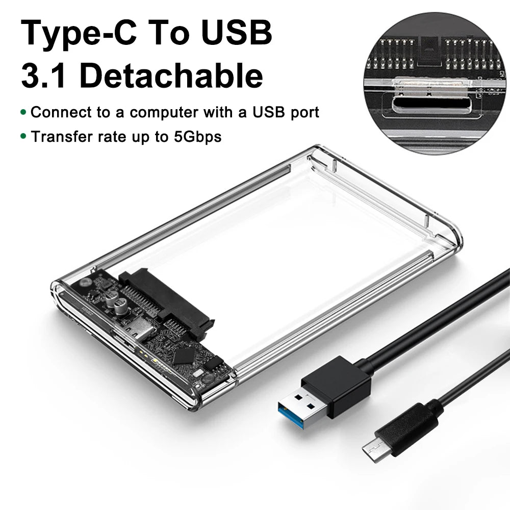2.5 Inch HDD SSD Case SATA to USB 3.1 Type C 4TB Transparent External Hard Drive Housing Compatible UASP SATA III Laptop