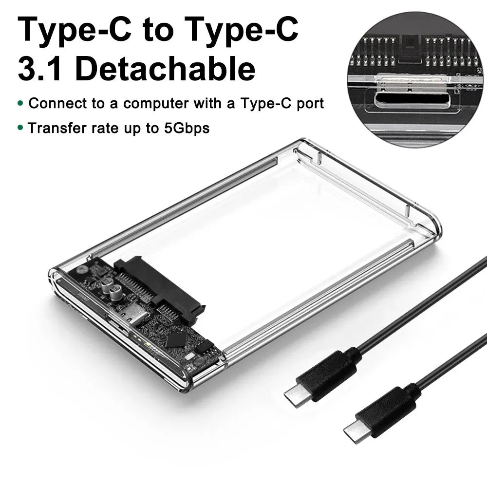 2.5 Inch HDD SSD Case SATA to USB 3.1 Type C 4TB Transparent External Hard Drive Housing Compatible UASP SATA III Laptop