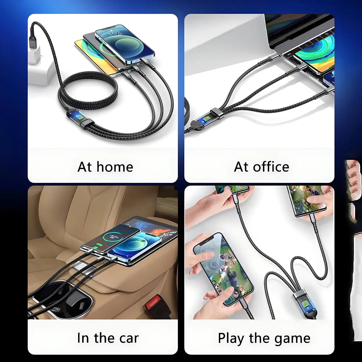 100W Fast Charging Cable Multi Charger Cable Nylon Braided Multiple USB Universal 3 in 1 Charging Cord Adapter with Type-C Micro