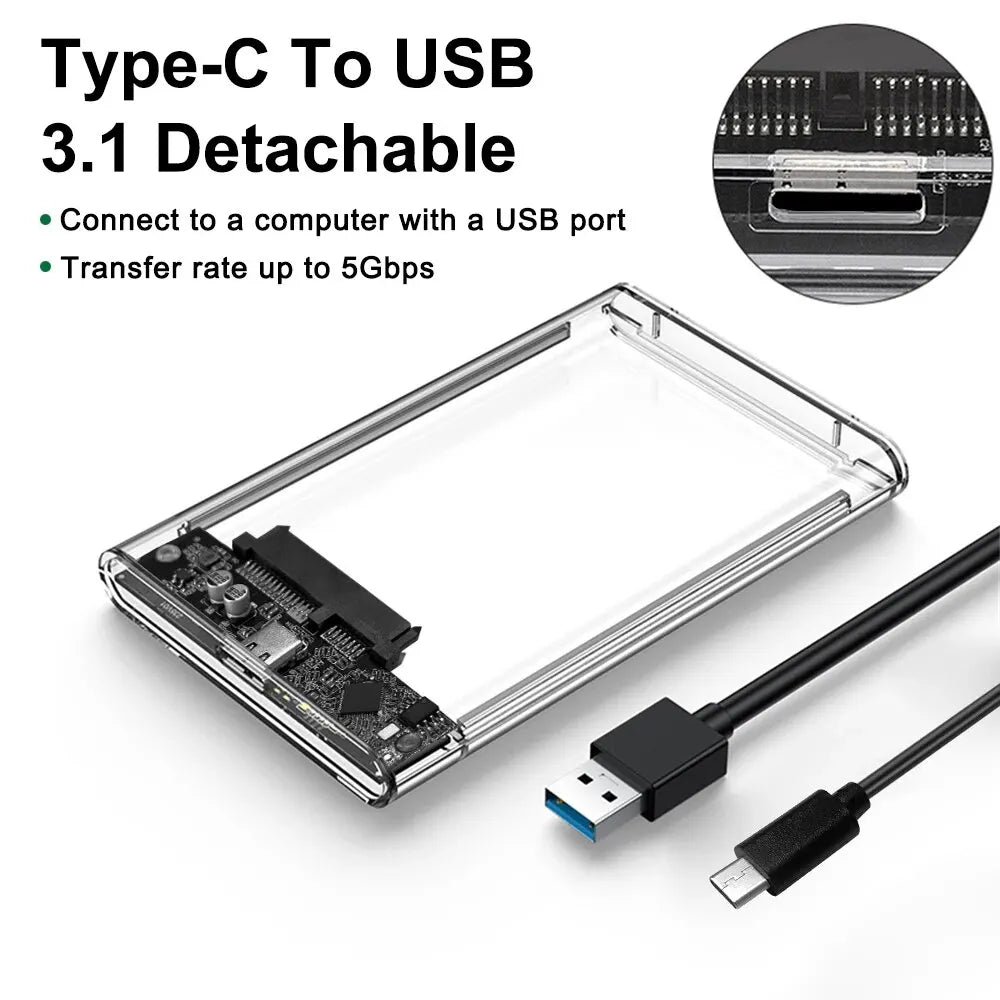 2.5 Inch HDD SSD Case SATA to USB 3.1 Type C 4TB Transparent External Hard Drive Housing Compatible UASP SATA III Laptop