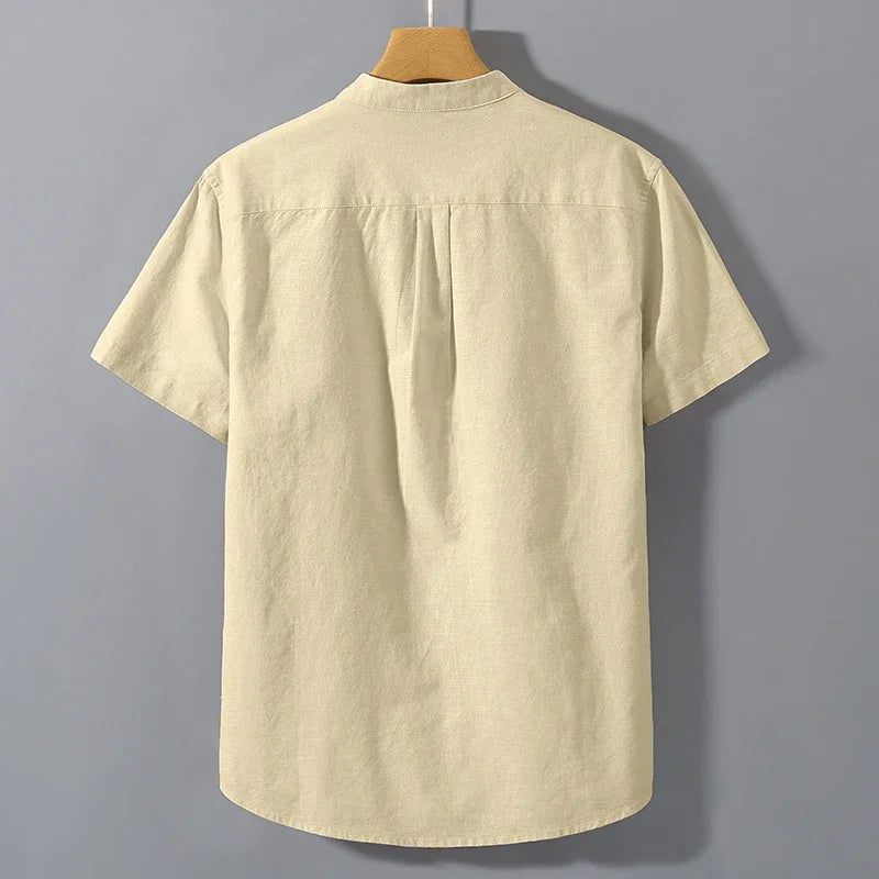 New Mens Short Sleeve T Shirts Solid Color Stand Up Collar Shirt Summer Trendy Breathable Loose Youth Basic Cotton Pocket Top