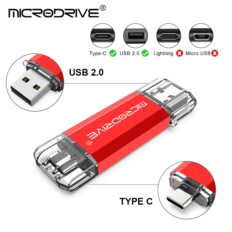 Pendrive Type C OTG USB Flash Drive 128GB 64GB 32GB 16GB 8GB 4GB USB Memory Stick 2.0 Pendrive High Speed for Type-C Device