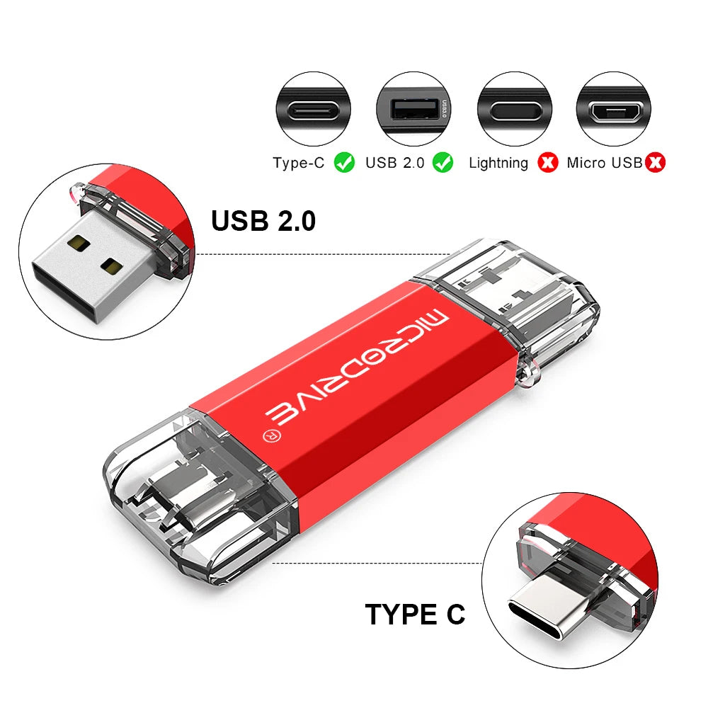 Pendrive Type C OTG USB Flash Drive 128GB 64GB 32GB 16GB 8GB 4GB USB Memory Stick 2.0 Pendrive High Speed for Type-C Device